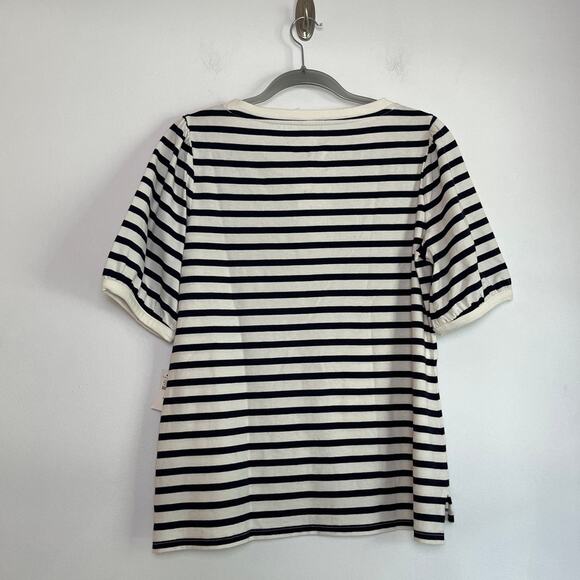 Talbots Navy Cream Striped Puff Sleeve Lace Up Top Size Medium Prep Nautical NWT - Picture 2 of 7